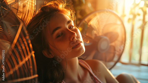 Portrait of a young woman with several fan around her to reduce summer heat and get some fresh air