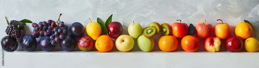 A stunning display of assorted fruits and vegetables arranged in a gradient of colors, resembling a vibrant rainbow, against a grey background with high-key lighting.
 - obrazy, fototapety, plakaty 