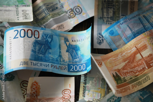 Russian money. Different denomination of bills. Close-up of Russian rubles. Finance concept. Money background and texture.