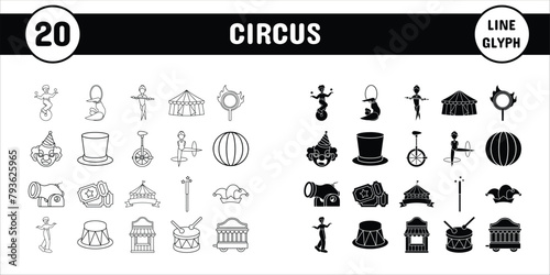 Circus Line Glyph Vector Illustration Icon Sticker Set Design Materials