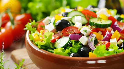 Greek salad in bowl clouseup