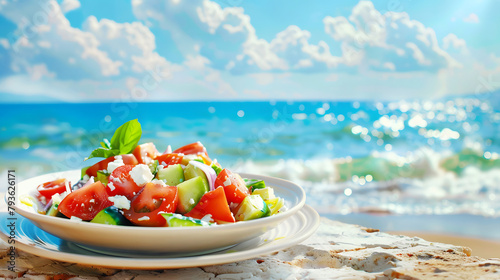 Greek salad in bowl with vegetables. Healthy food © seralex