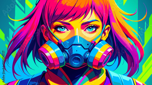 The girl in the gas mask. Vector portrait of a girl. A beautiful girl in the anime style.A stylized portrait of a girl.A riot of colors. bright colors. Youth and freshness. Digital Art