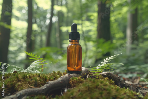 An essential oil bottle with a dropper cap on the forest floor.