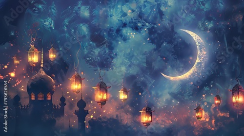 Creative design featuring the crescent moon and lanterns to symbolize the start of the Muslim lunar calendar