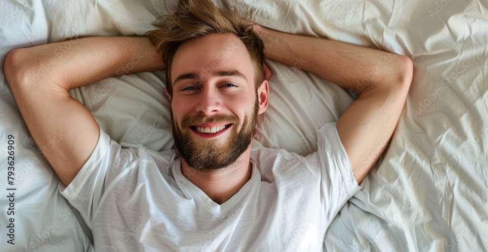 Cheerful Man Grinning with Eyes Closed, Embracing a Moment of Joy Cheerful Man Grinning with Eyes Closed, Embracing a Moment of Joy
