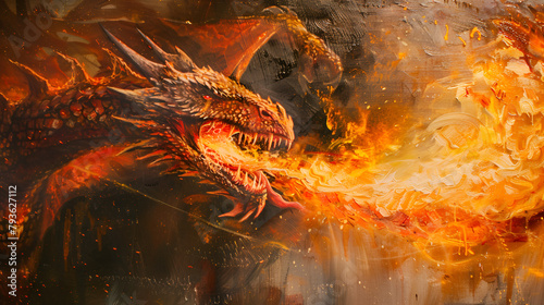 Artistic Style Painting Drawing of A Fire Dragon Blowing Fire Aspect 16:9 Artwork Wall Art