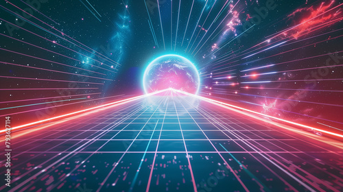 A colorful  neon-lit space with a large  glowing orb in the center. Concept of wonder and excitement  as if the viewer is entering a futuristic world