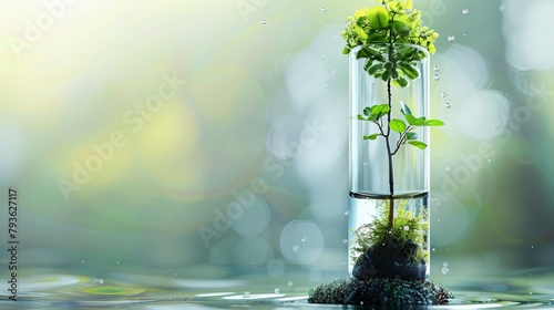 Genetically Modified Plants and Biology Lab: Green Sapling in Water, Moss, Fungi, Abstract Science Background photo