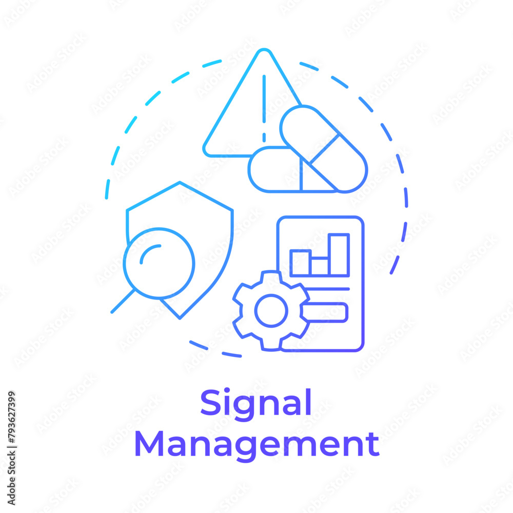 Signal management blue gradient concept icon. Product quality, pharmacovigilance. Risk evaluation. Round shape line illustration. Abstract idea. Graphic design. Easy to use in infographic, article Signal management blue gradient concept icon. Product quality, pharmacovigilance. Risk evaluation. Round shape line illustration. Abstract idea. Graphic design. Easy to use in infographic, article