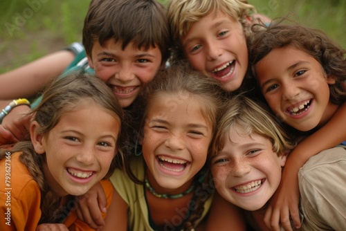 Group of happy kids lying on the grass and smiling at the camera