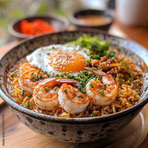 Chinese noodle with shrimps and fried egg in a bowl photo