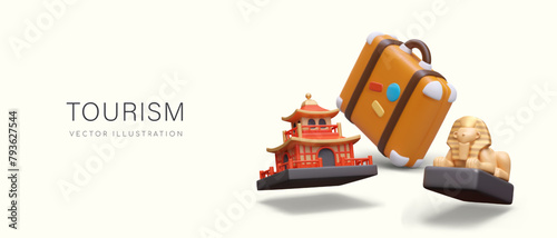 Concept of modern tourism in bright cartoon style. Huge suitcase with stickers, pagoda, Great Sphinx
