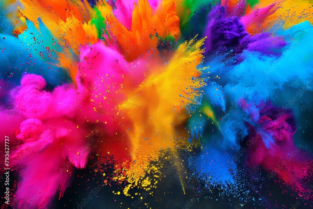 Vivid holi paint powder explosion  a symphony of multicolored chaos against black background
