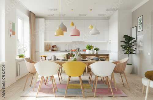 A bright and airy dining room with pastel colored chairs around an oak table, complemented in the style of yellow accents like pendant lights and decor items. The floor is covered in white ceramic til photo