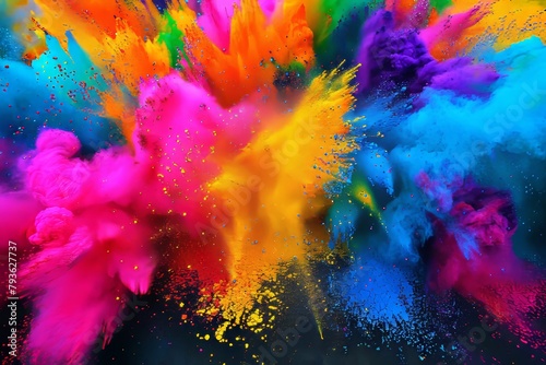 Vivid holi paint powder explosion a symphony of multicolored chaos against black background