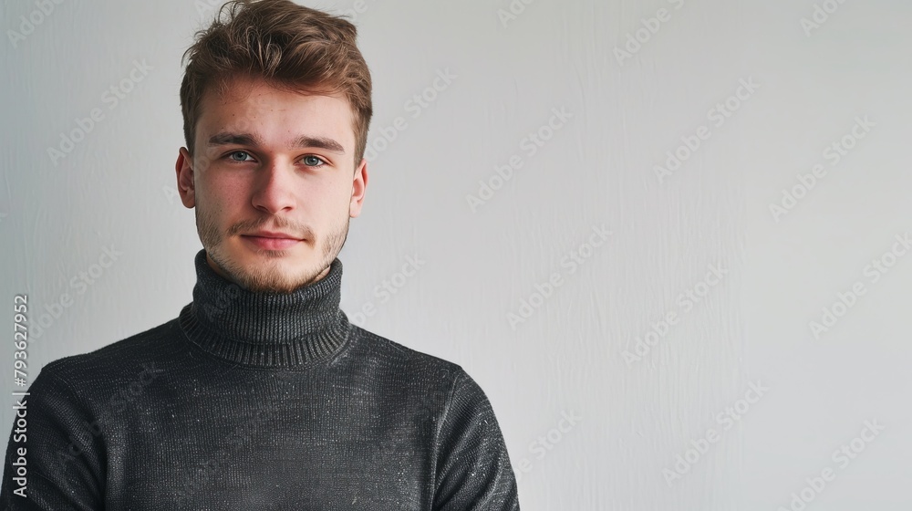 A young Eastern European engineer with light stubble, wearing a turtleneck, looking contemplative and introspective, against a seamless white background, styled as a modern, minimalist ID. A young Eastern European engineer with light stubble, wearing a turtleneck, looking contemplative and introspective, against a seamless white background, styled as a modern, minimalist ID.