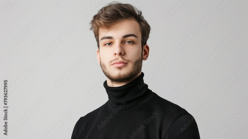 A young Eastern European engineer with light stubble, wearing a turtleneck, looking contemplative and introspective, against a seamless white background, styled as a modern, minimalist ID.