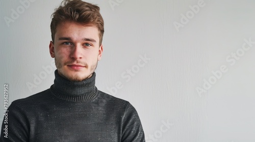 A young Eastern European engineer with light stubble, wearing a turtleneck, looking contemplative and introspective, against a seamless white background, styled as a modern, minimalist ID.