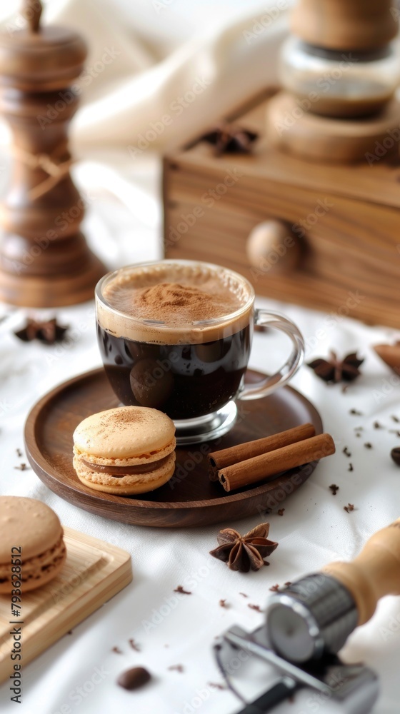 Black coffee with cinnamon in a clear cup on a wooden saucer. Coffee macarons and coffee grinders on a white background Black coffee with cinnamon in a clear cup on a wooden saucer. Coffee macarons and coffee grinders on a white background