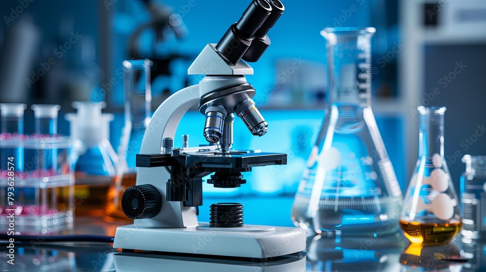 Scientist Conducting Medical Experiment with Microscope in Laboratory Setting