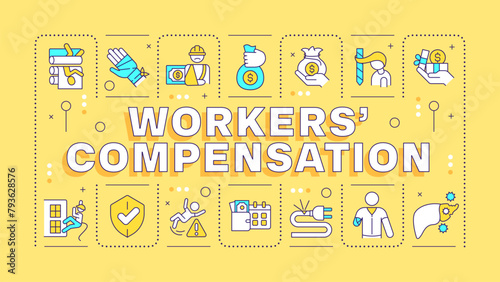 Workers compensation yellow word concept. Business insurance, employees safeguard. Typography banner. Vector illustration with title text, editable icons color. Hubot Sans font used