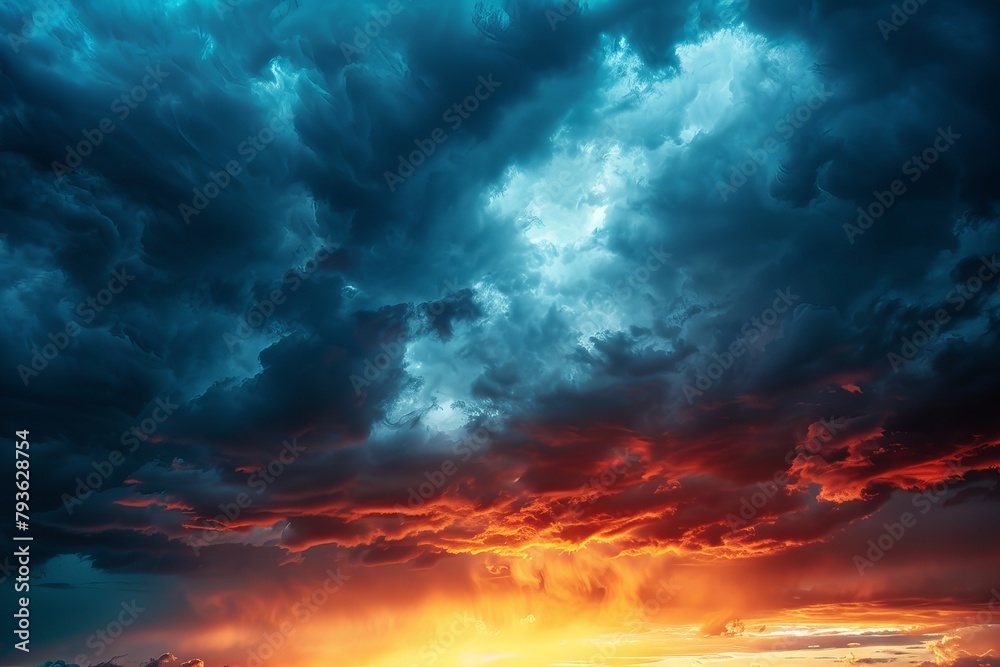 Dramatic sunset sky with dark storm clouds on a soft transparent white surface, ideal for intense and moody compositions