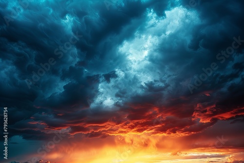 Dramatic sunset sky with dark storm clouds on a soft transparent white surface, ideal for intense and moody compositions