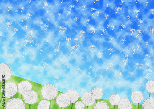 さわやかな青空と綿毛の水彩画風イラスト