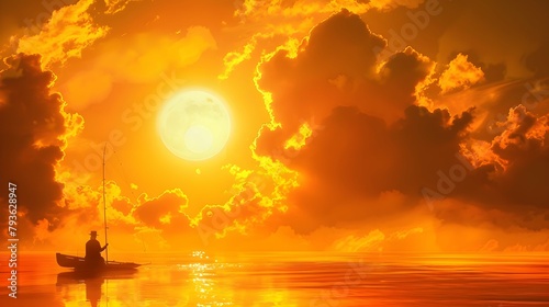 Fisherman in small boat against orange sunset.
