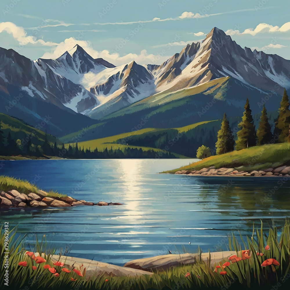 Fairy-tale painted landscape with picturesque mountains and a lake, lake in mountains,  lake and mountains, lake between the mountains, lake and mountains images