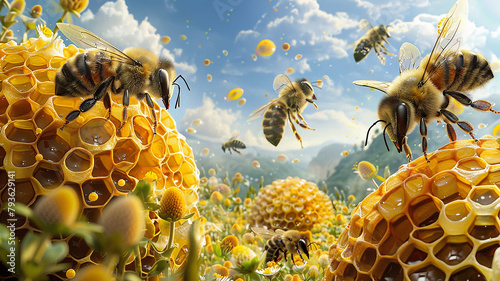 the working bees on honey cells © pongdej