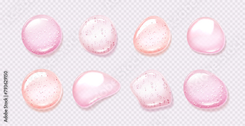 Pink gel drops set isolated on transparent background. Vector realistic illustration of abstract serum bubbles, collagen essence droplets, face skin care cosmetics swatches, moisture lotion smears