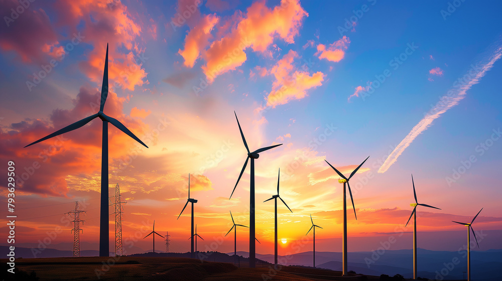 Obraz premium A wind farm with multiple turbines generating clean energy against a sunset backdrop. Ecology, alternative energy, environment, green energy concept.