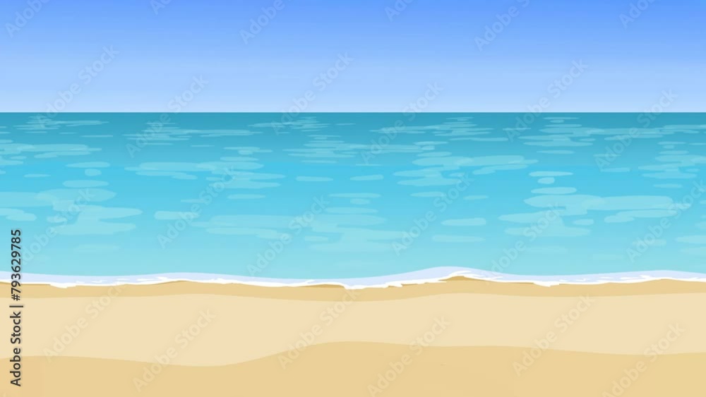 2d animated cartoon beautiful sandy sea beach background with moving water and interesting water waves. 4K resolution.