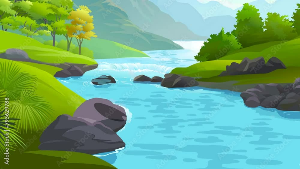 2d animated cartoon Spectacular landscape background of a river and a green plain full of moving water with animated fish jumping out of the water. 4K resolution.