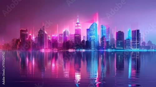 A city skyline is reflected in the water, with neon lights illuminating the buildings. Scene is vibrant and energetic
