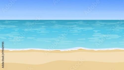 2d animated cartoon beautiful sandy sea beach background with moving water and interesting water waves. 4K resolution.