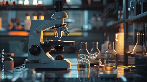 Scientist conducting research with microscope and lab glassware in science laboratory - Research and Development concept
