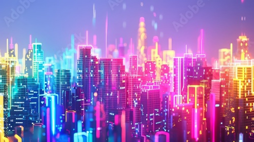 Electric cityscapes alive with color and vitality, depicted in dazzling neon against a blank white background