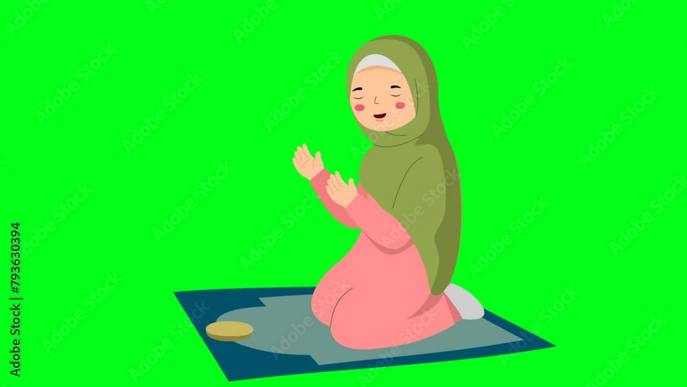 2d animated cartoon Muslim girl character raising her hands and praying in the mosque in green screen chroma key. 4K resolution. 2d animated cartoon Muslim girl character raising her hands and praying in the mosque in green screen chroma key. 4K resolution.