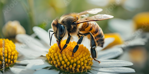 a bee collects nectar from a flower; wallpaper with copy space