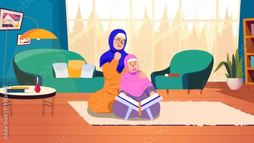 2d animated cartoon Female characters. mother and her daughter who are Muslims and read Quran together in home or mosque background. 4K resolution. photo