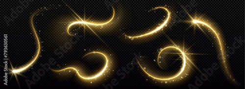 Gold magic star trail with glitter and light dust. Golden particle glow effect on black background. Abstract swirl line with shimmer and sparkle motion element. Festive Christmas confetti and stardust