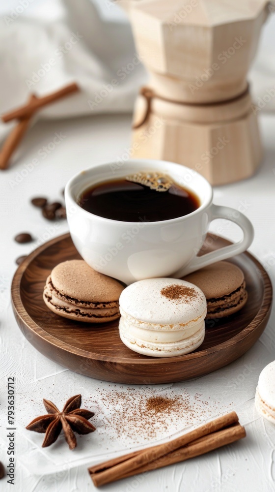 coffee macarons cream cup wooden