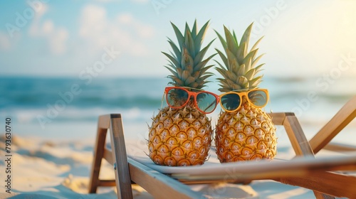 Tropical Sandy rest. Whimsical funny Pineapples Lounging in Sunglasses Delight in Beachside Sunbathing Adventures. Friends are sunbathing on the seashore