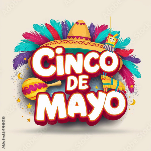 Celebrate cinco de Mayo text effect and illustration invitation card with curly calligraphic font, art design curls and decorative flourishes on white background ai generative