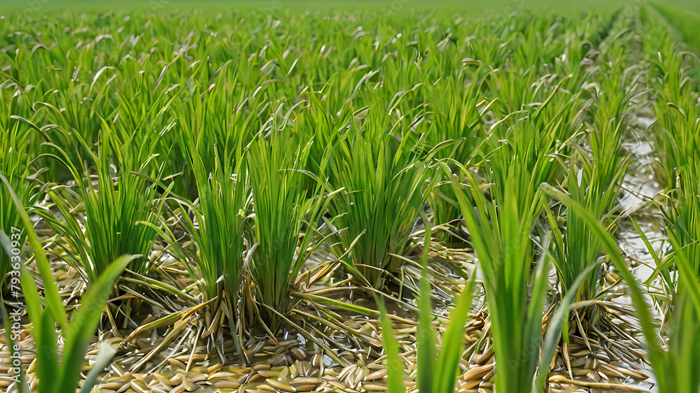 Obraz premium Heavy rain in the ricefield, night, no cars, unreal engine render, 8k
