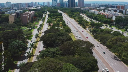 Traffic at Downtown Highway, South Wing Asa Sul,Wide Aerial Shot  photo