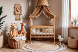 Rattan crib with baldachin, soft toy giraffe and wicker basket on rug on wooden laminate from natural materials. nursery room in boho style interior